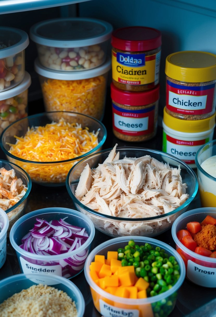 A colorful array of ingredients, including shredded chicken, cheese, diced vegetables, and spices, neatly organized in labeled containers in a freezer