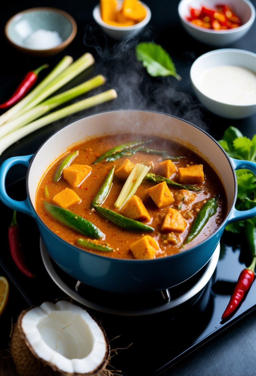 A steaming pot of Thai red curry simmers on a stove, surrounded by vibrant ingredients like lemongrass, chili peppers, and coconut milk