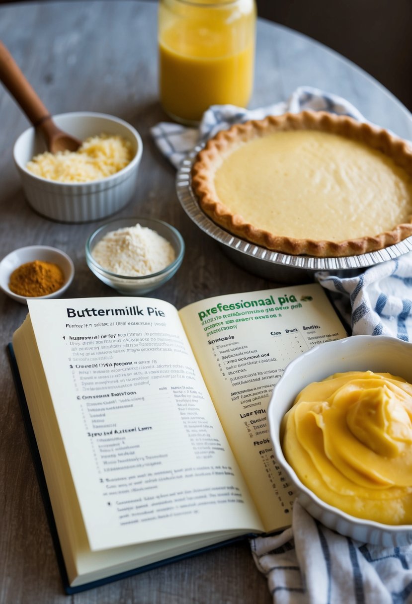 A buttermilk pie being prepared with ingredients and a recipe book open to a buttermilk pie recipe