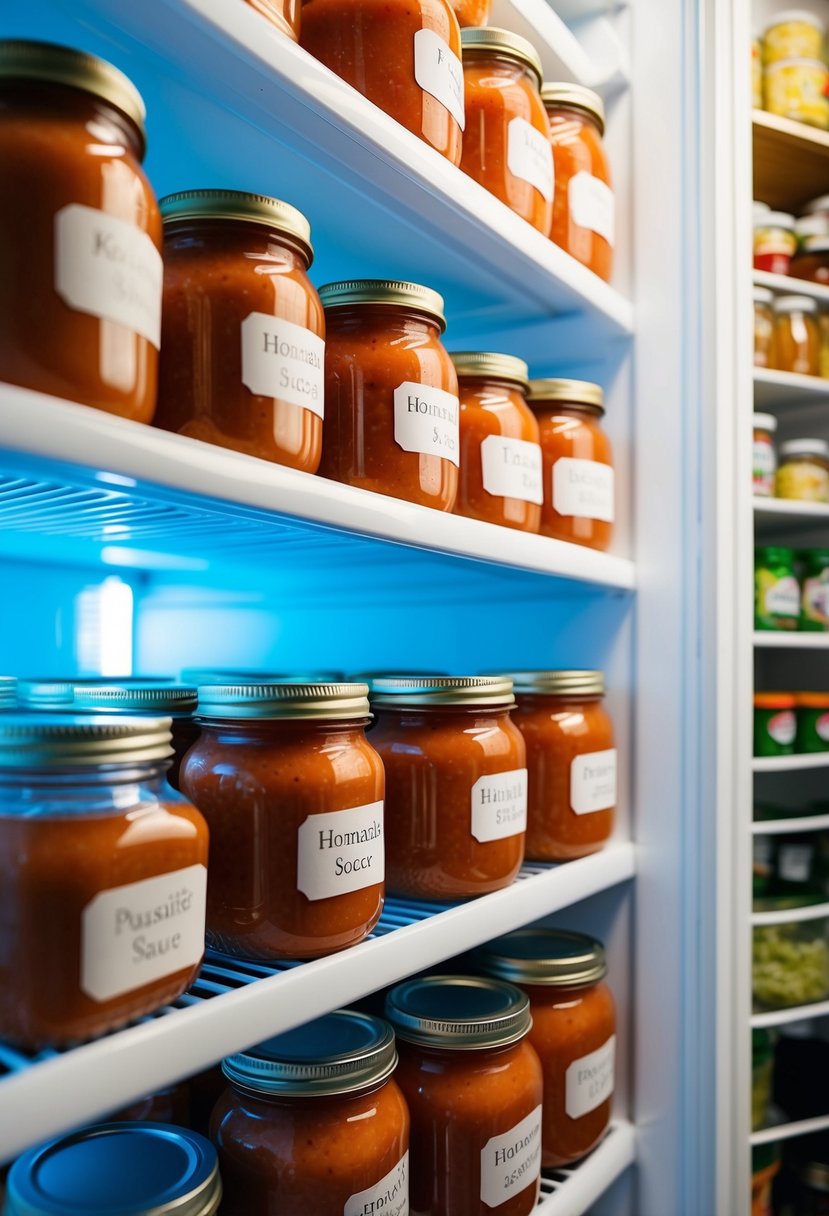 A freezer filled with jars of homemade pasta sauce, labeled and neatly organized on the shelves