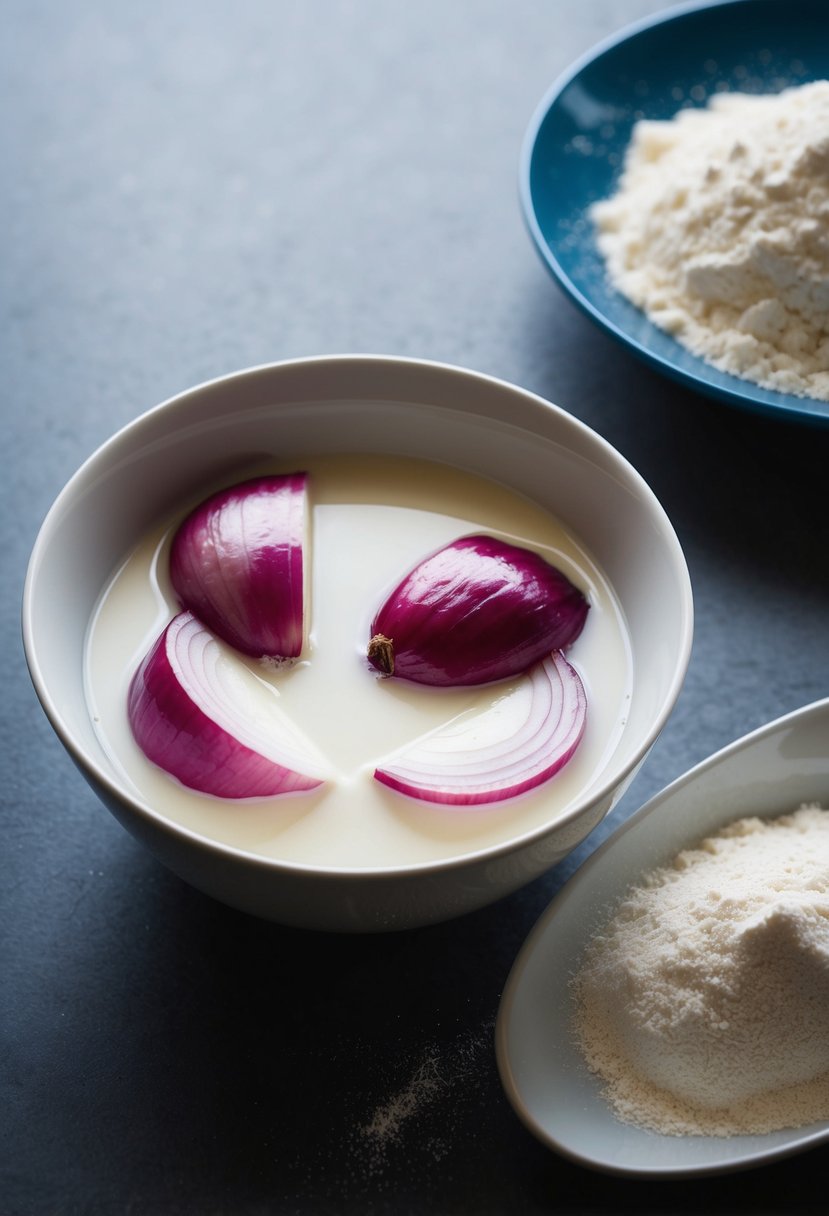 Sliced onions soaking in a bowl of buttermilk, next to a plate of seasoned flour