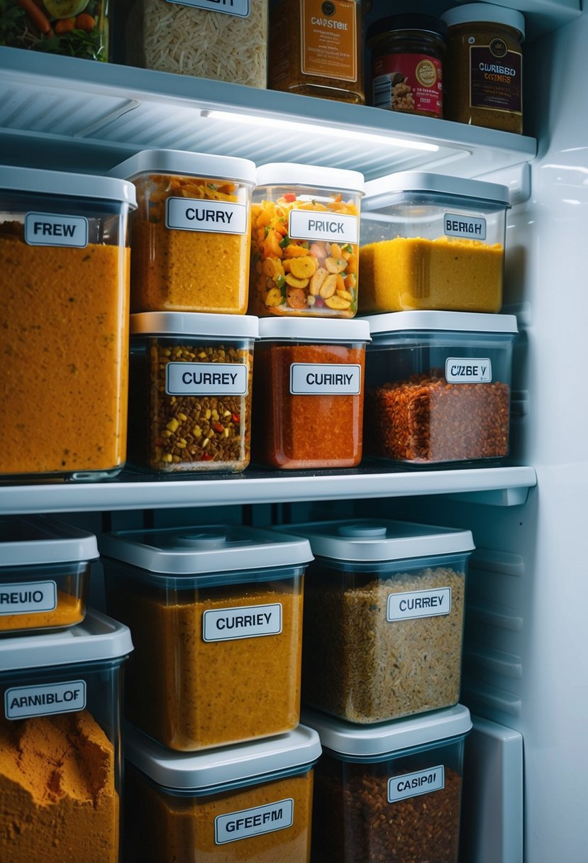 A freezer filled with labeled containers of various curries and ingredients