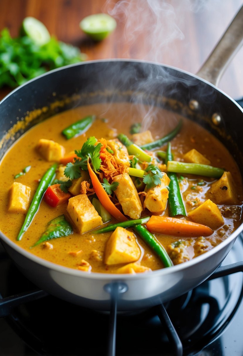 A steaming pot of traditional Thai curry simmers on a stove, filled with vibrant vegetables and aromatic spices