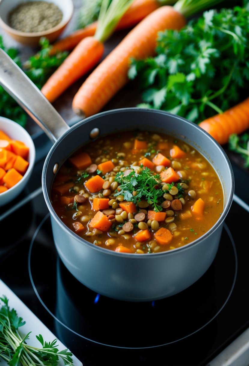 A pot of carrot and lentil soup simmering on a stove, surrounded by fresh vegetables and herbs