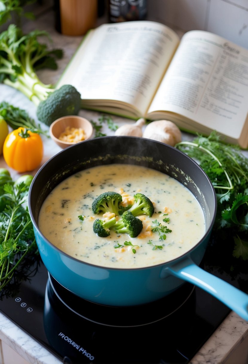 A pot of creamy broccoli and Stilton soup simmers on the stove, surrounded by fresh vegetables and herbs. An open recipe book sits nearby, with ingredients scattered across the kitchen counter