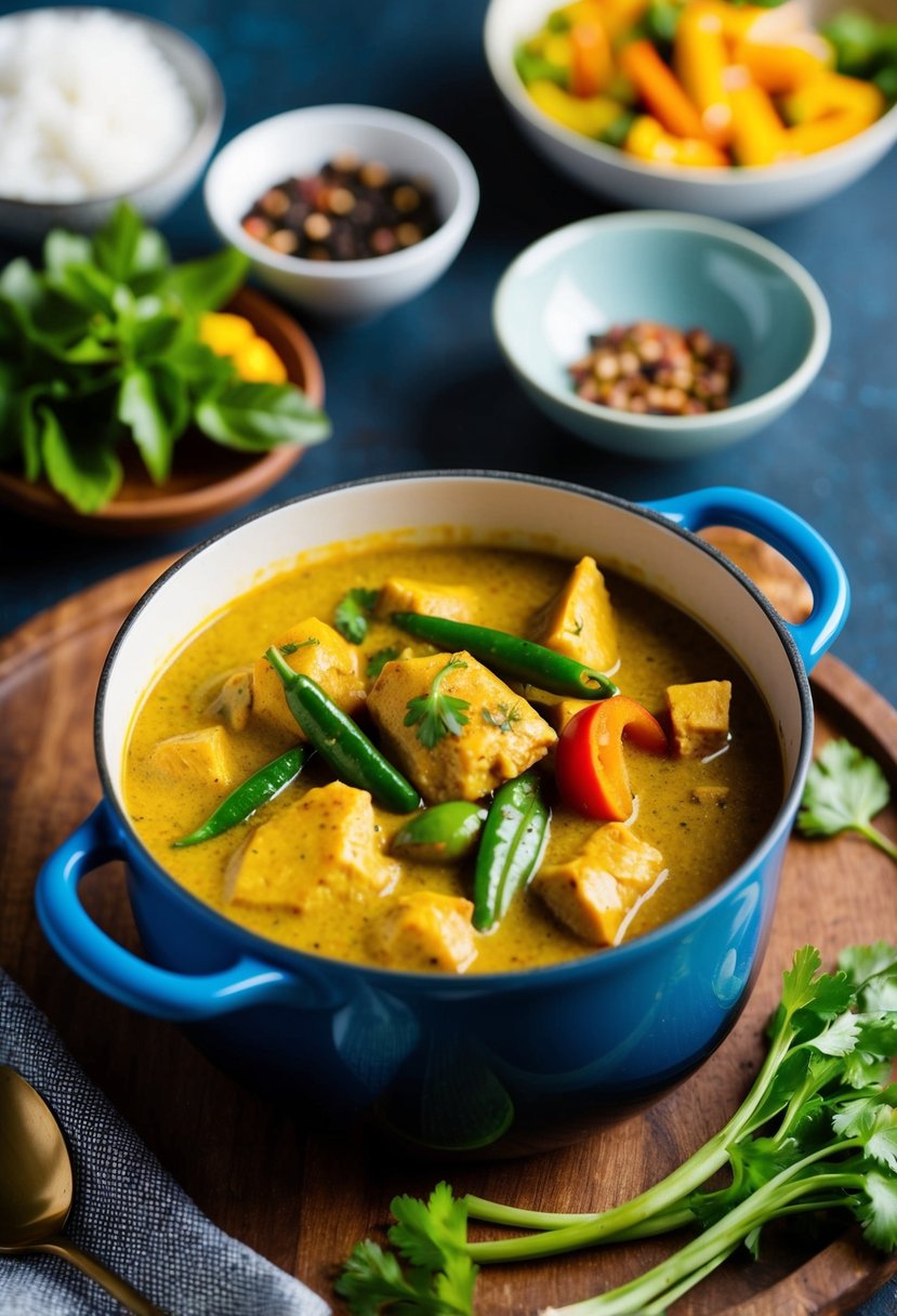 A simmering pot of coconut milk Thai chicken curry with colorful vegetables and aromatic spices