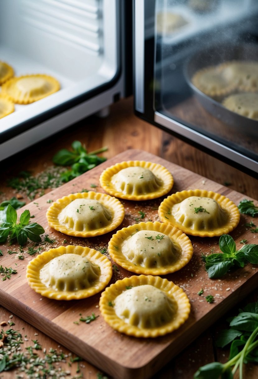 A batch of baked beef ravioli sits on a wooden cutting board, surrounded by scattered herbs and spices, next to an open freezer