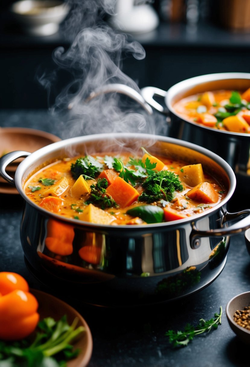 A bubbling pot of red curry filled with vibrant vegetables and aromatic herbs. Steam rises as the rich, spicy aroma fills the kitchen