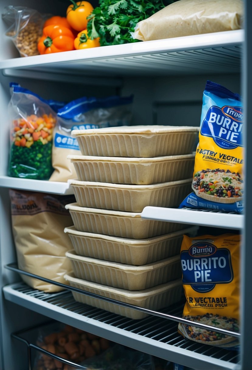 A freezer shelf filled with neatly stacked containers of burrito pie, surrounded by bags of frozen vegetables and pre-made pastry dough