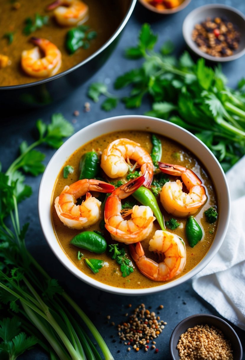 A steaming bowl of spicy Thai curry with plump shrimp, surrounded by vibrant green herbs and colorful spices