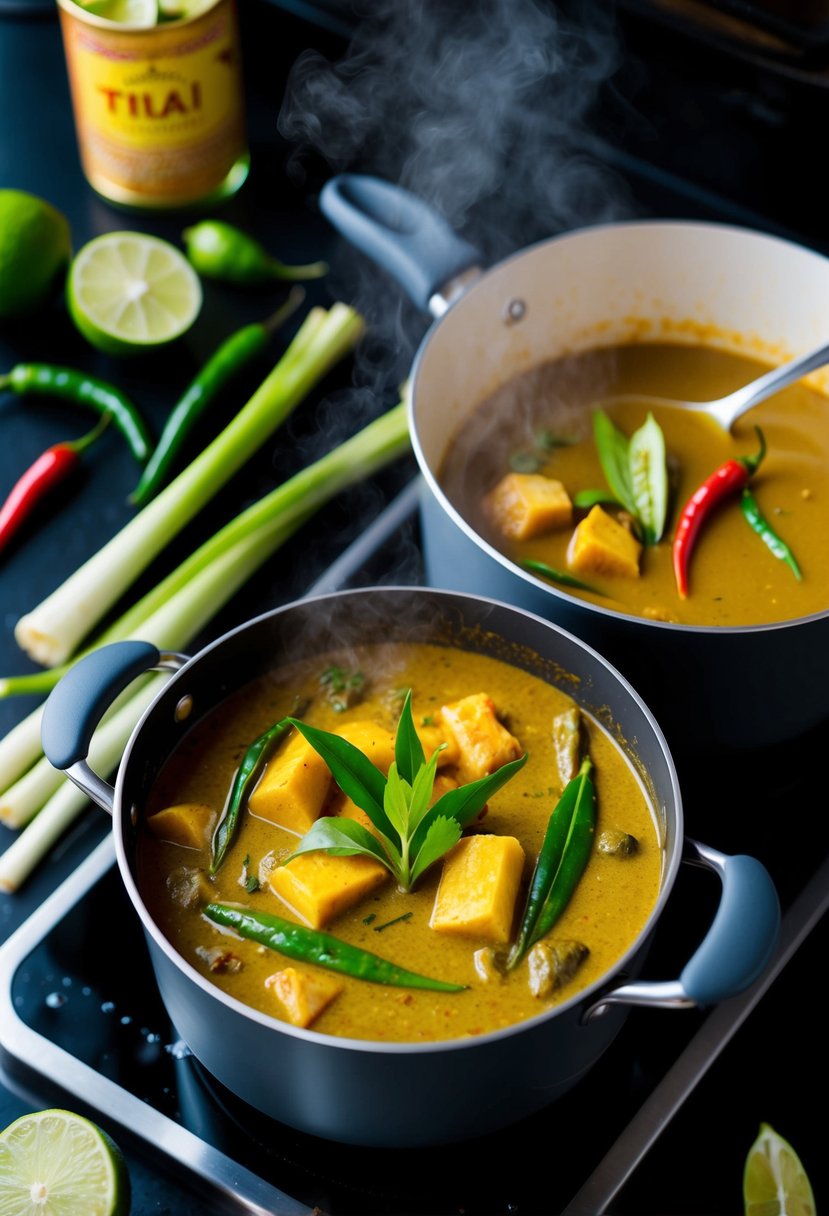 A steaming pot of Thai curry simmering on a stove, surrounded by vibrant ingredients like lemongrass, chilies, and kaffir lime leaves