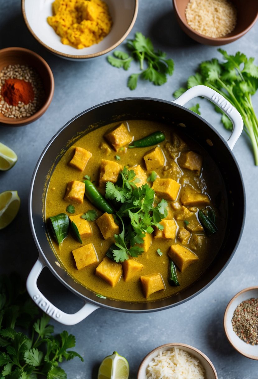 A simmering pot of Thai curry with store-bought paste, surrounded by fresh ingredients and spices