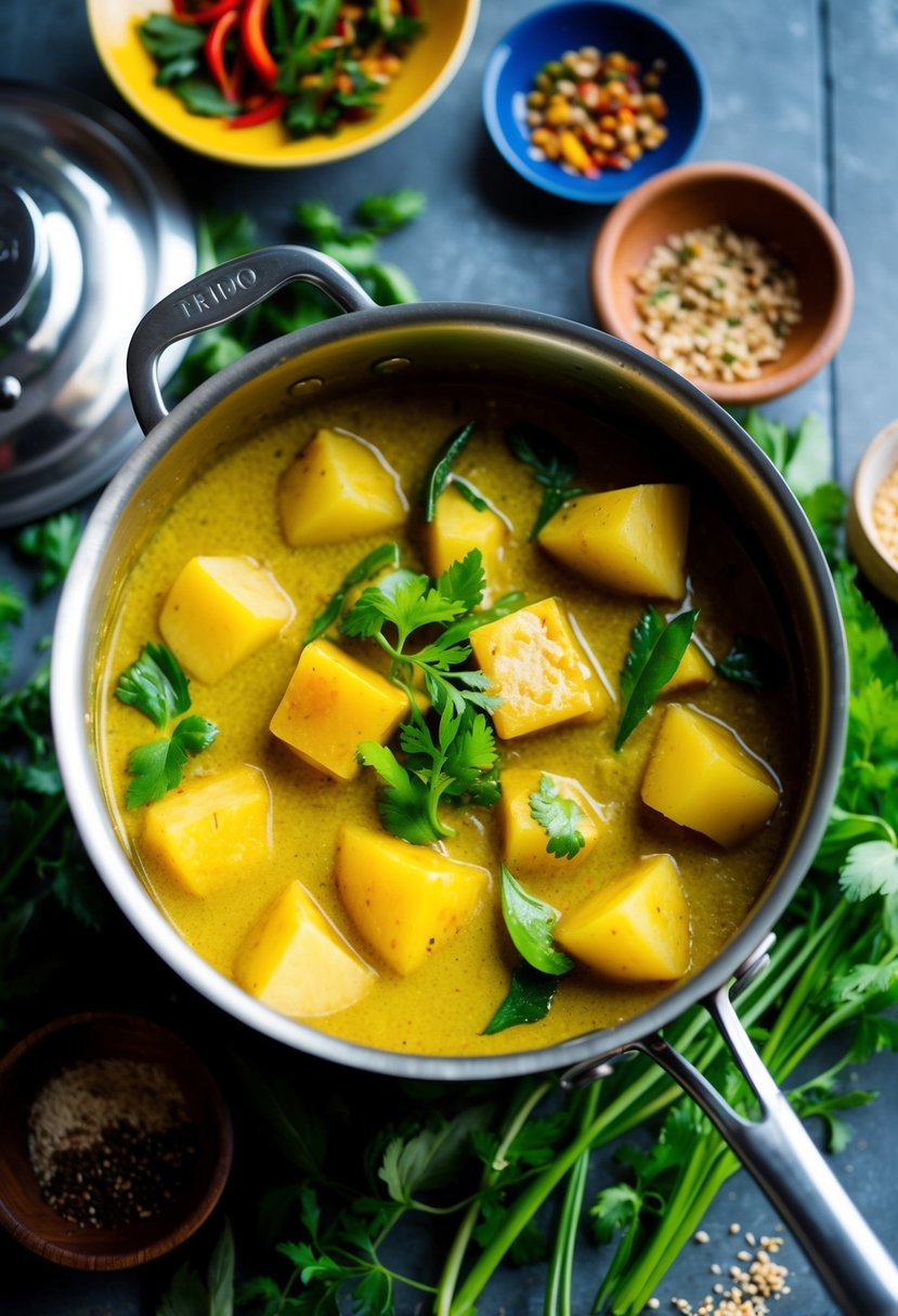 A steaming pot of Thai yellow curry with chunks of potatoes, surrounded by vibrant green herbs and colorful spices