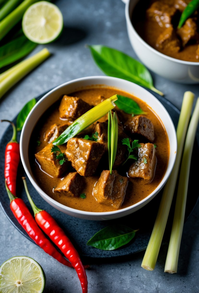 A steaming bowl of Thai Panang Curry with tender chunks of beef, surrounded by vibrant ingredients like lemongrass, kaffir lime leaves, and red chili peppers