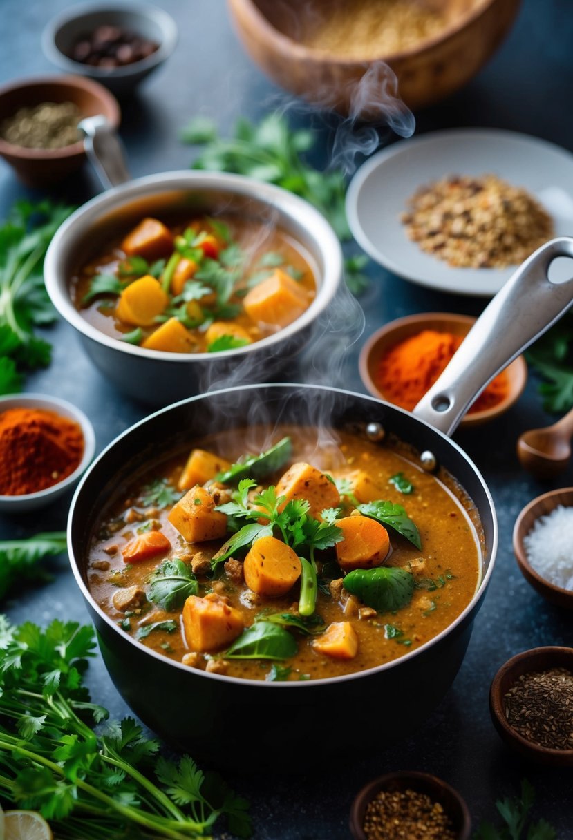 A steaming pot of rich Massaman curry surrounded by vibrant spices and fresh herbs