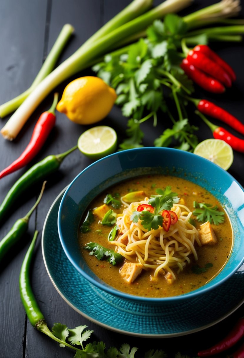 A steaming bowl of Thai curry soup with noodles, surrounded by vibrant ingredients like lemongrass, chili peppers, and cilantro