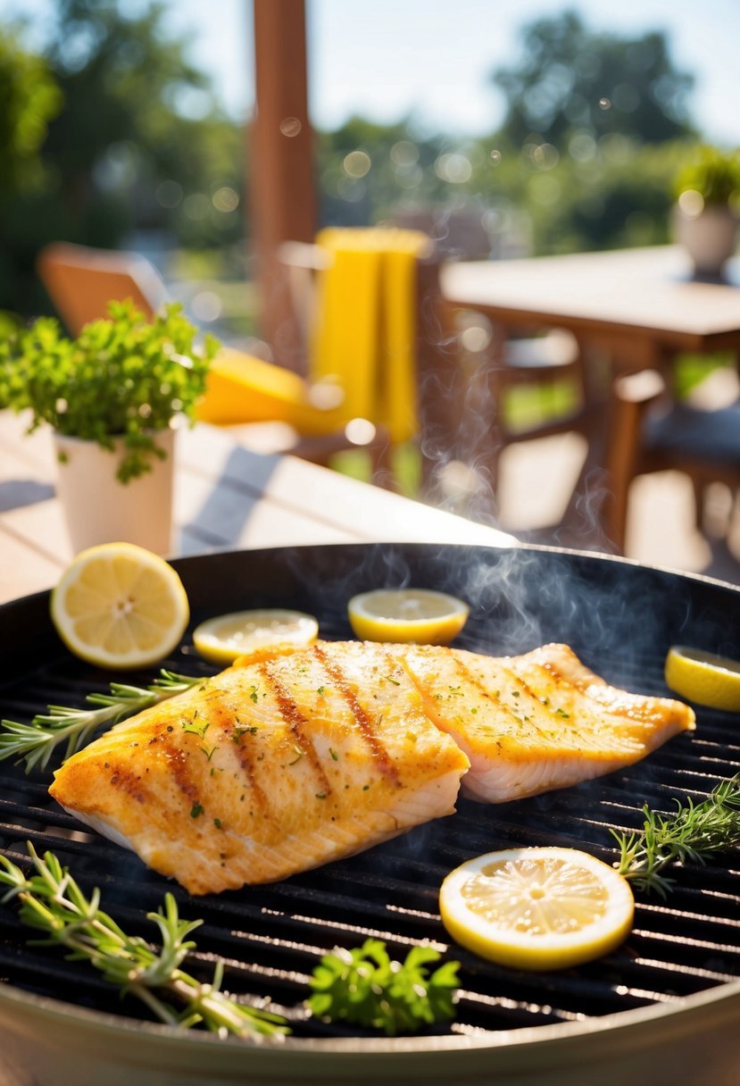 A sizzling tilapia fillet on a hot grill, surrounded by fresh herbs and lemon slices, with a backdrop of a sunny outdoor patio