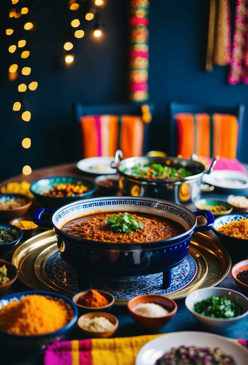 A table set with a traditional Moroccan tajine dish surrounded by colorful ingredients and spices