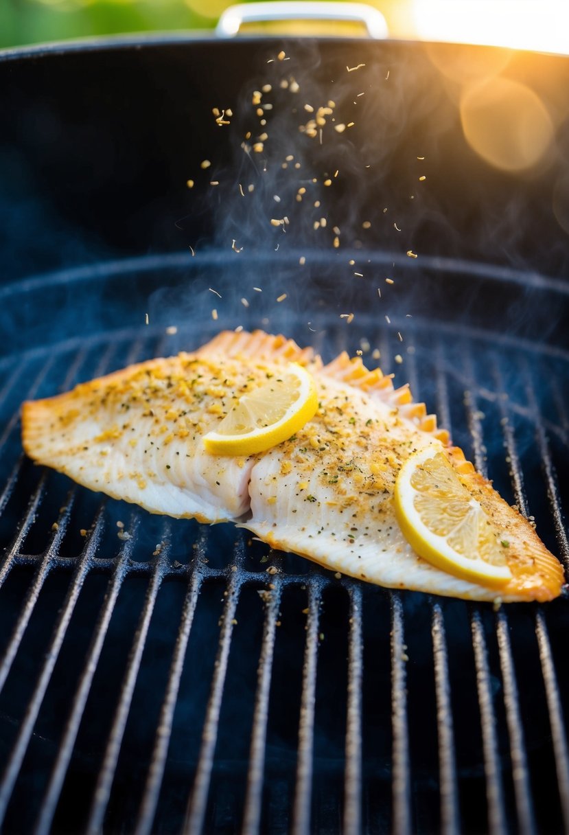 A tilapia fillet sprinkled with lemon pepper seasoning sizzling on a hot grill