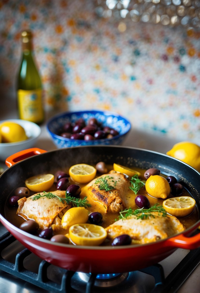 A colorful Moroccan tagine with chicken, olives, and preserved lemons simmering on a stovetop