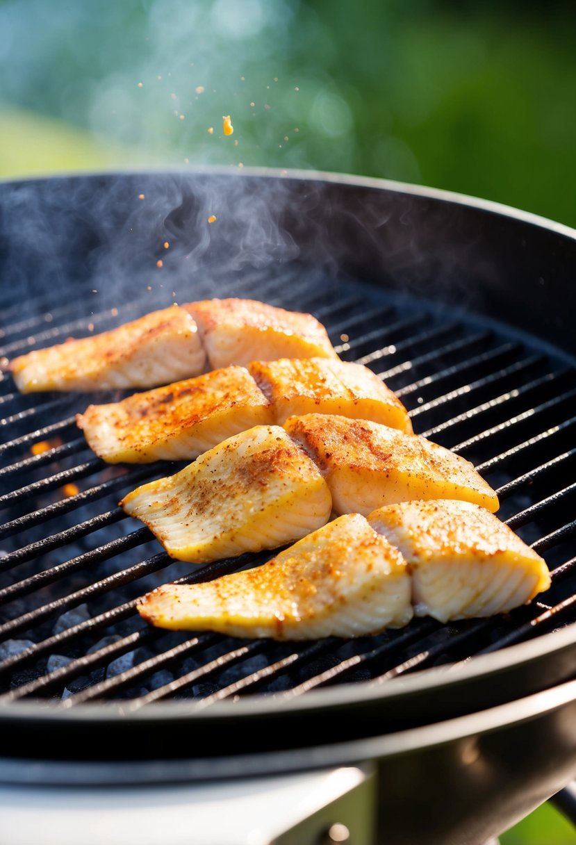 Tilapia fillets sizzling on a grill, dusted with smoked paprika for rich flavor