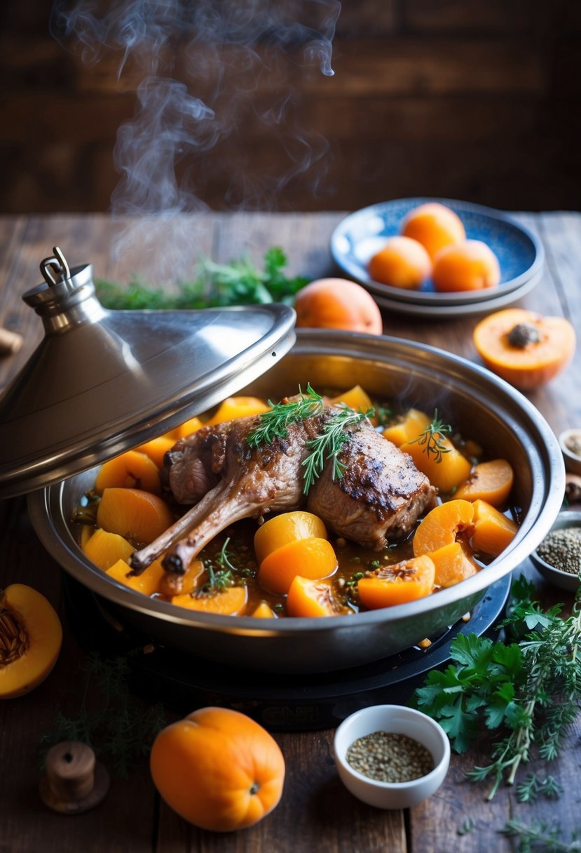 A steaming tagine sits on a rustic table, filled with tender lamb, butternut squash, and apricots, surrounded by vibrant spices and herbs