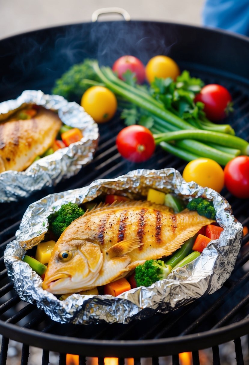 Grilled tilapia wrapped in foil with colorful fresh vegetables on a sizzling grill