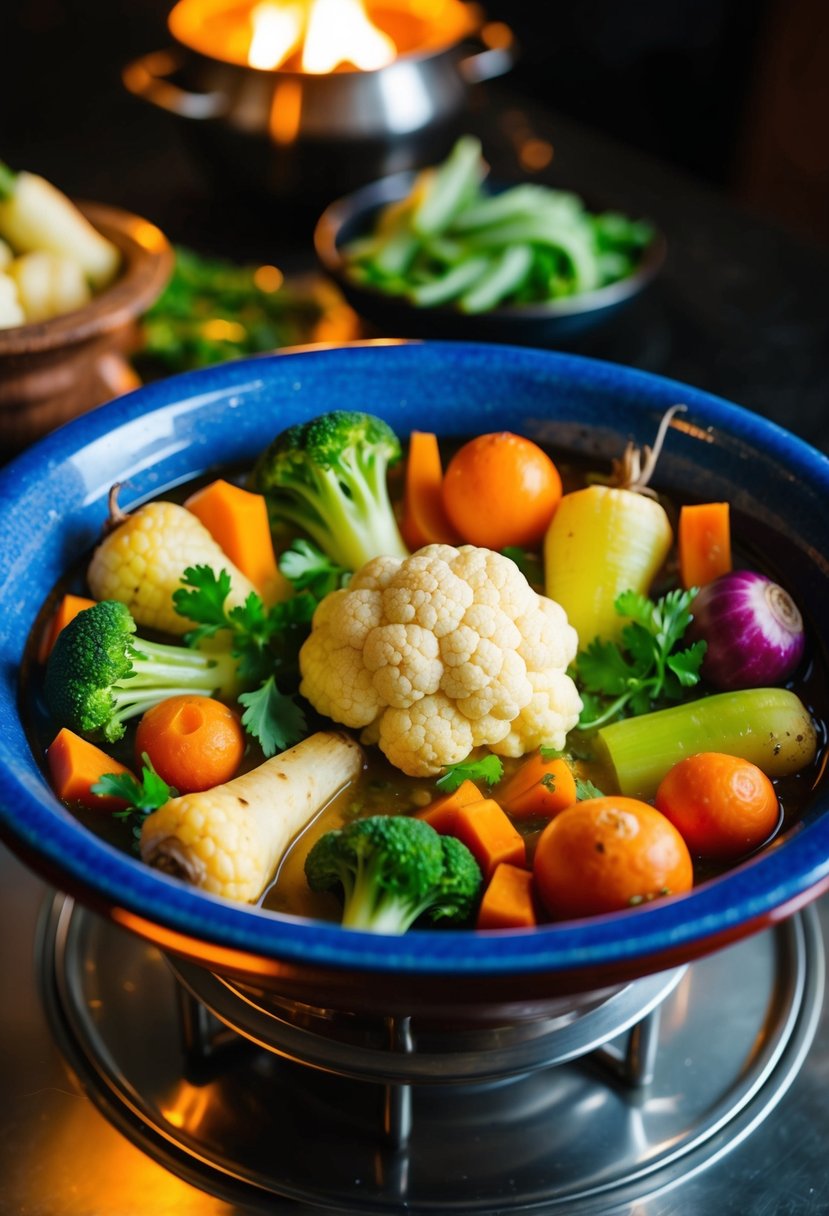 A colorful array of root vegetables and cauliflower simmering in a Moroccan tagine pot over a low flame