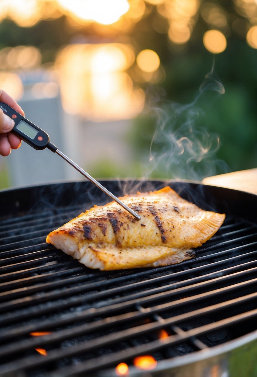 Tilapia fillet on a grill, thermometer inserted, reaching 145°F