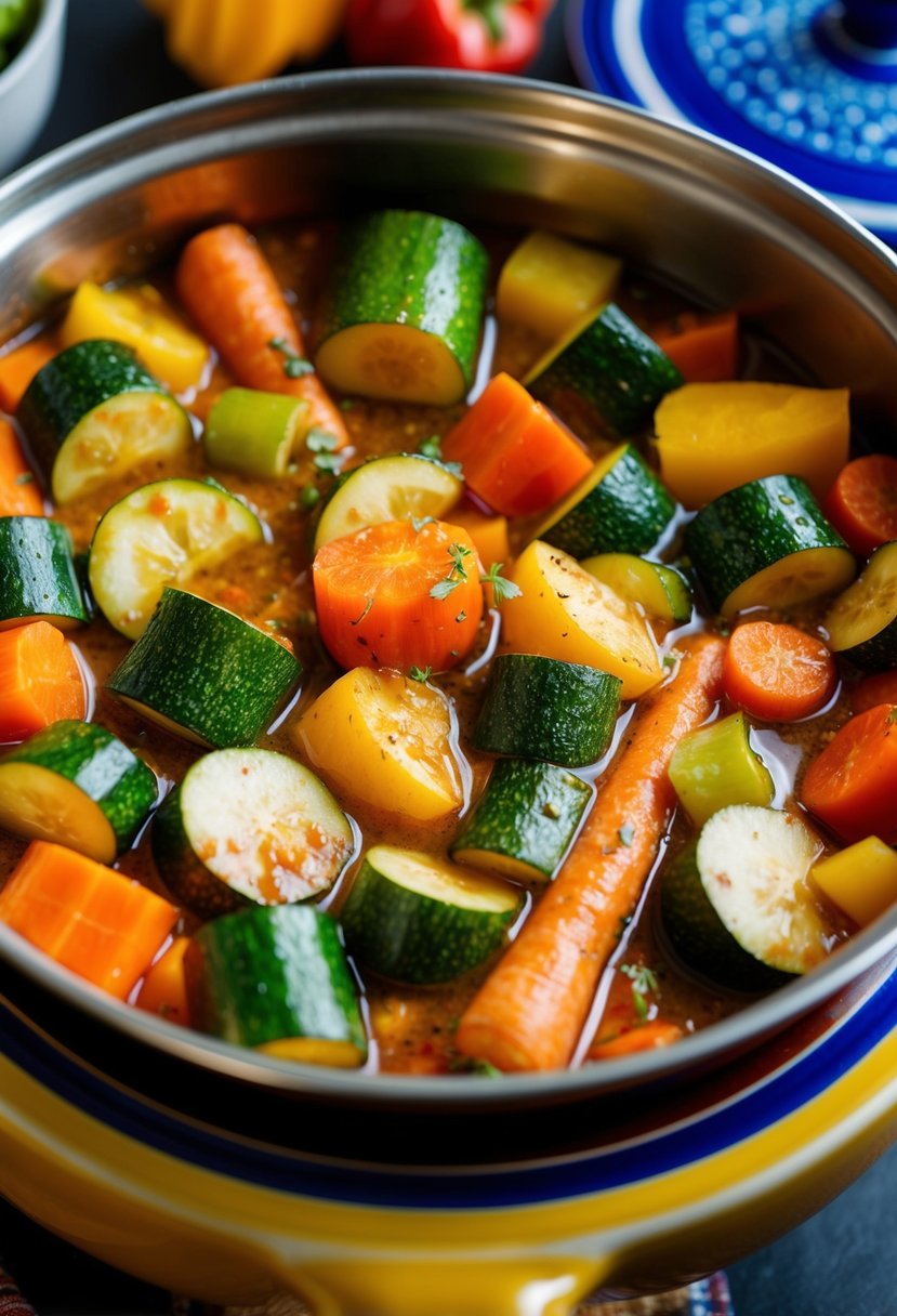 A colorful array of vegetables, including carrots, zucchini, and bell peppers, simmering in a fragrant Moroccan spice blend in a traditional tagine pot