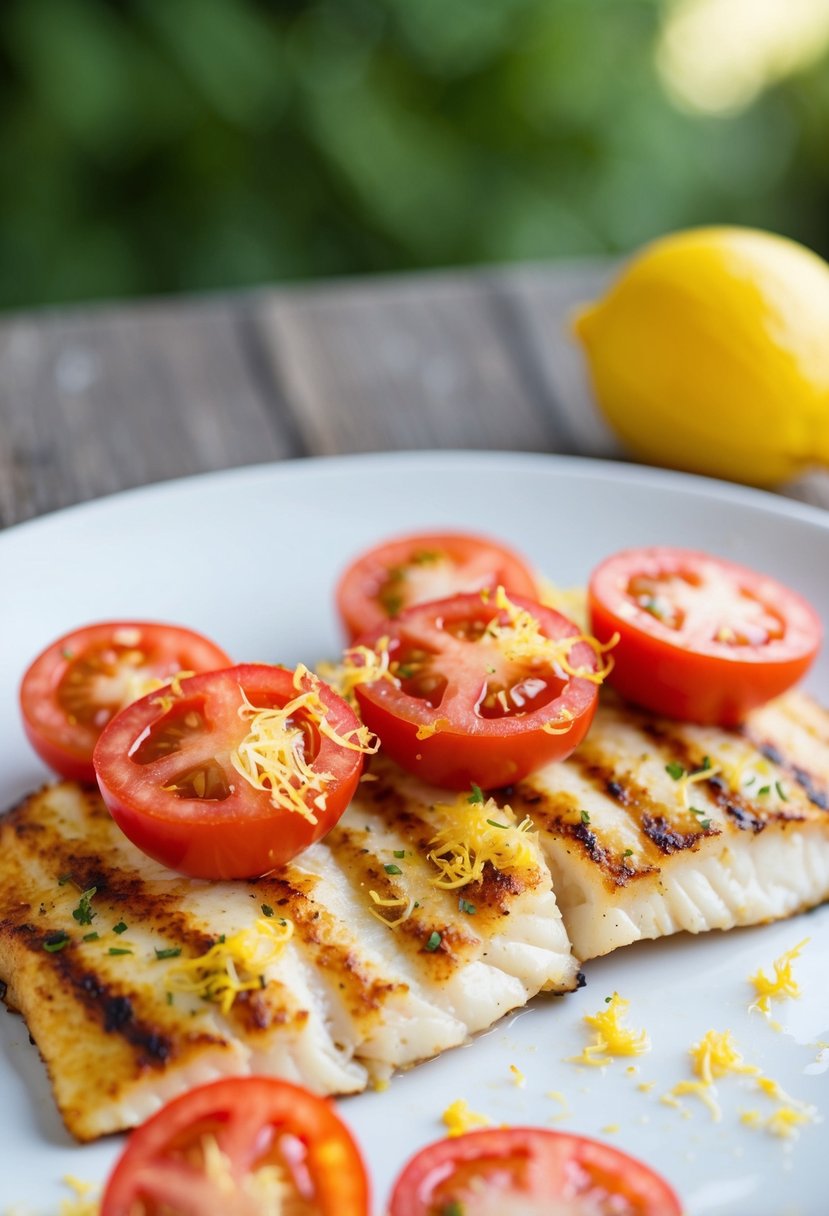 Grilled tilapia fillets topped with tomato slices and drizzled with lemon zest