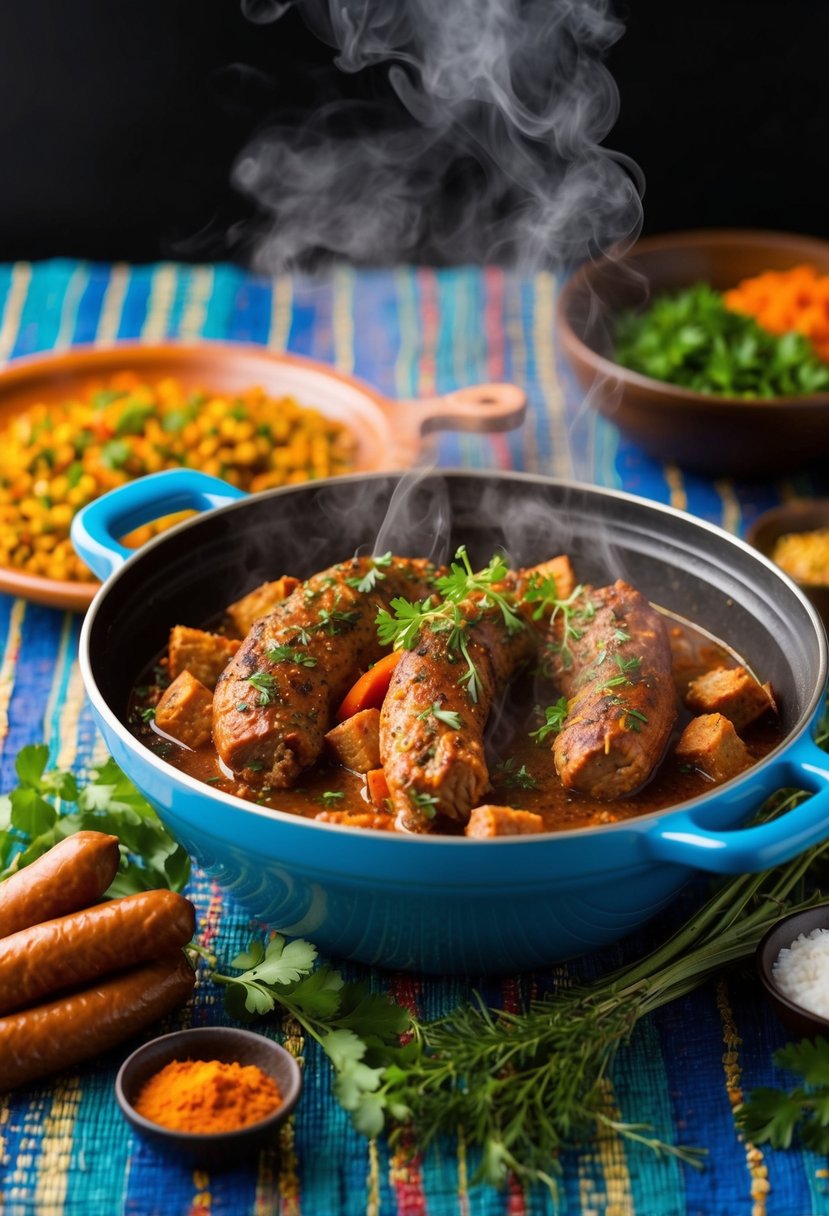 A steaming tagine pot filled with spicy lamb and merguez sausages, surrounded by vibrant Moroccan spices and herbs