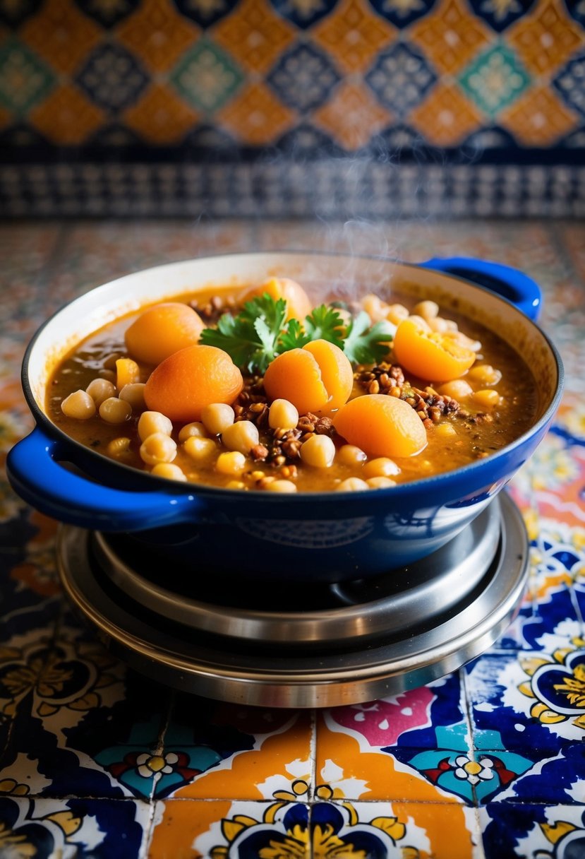 A steaming tagine dish filled with chickpeas, apricots, and fragrant spices, surrounded by colorful Moroccan tiles