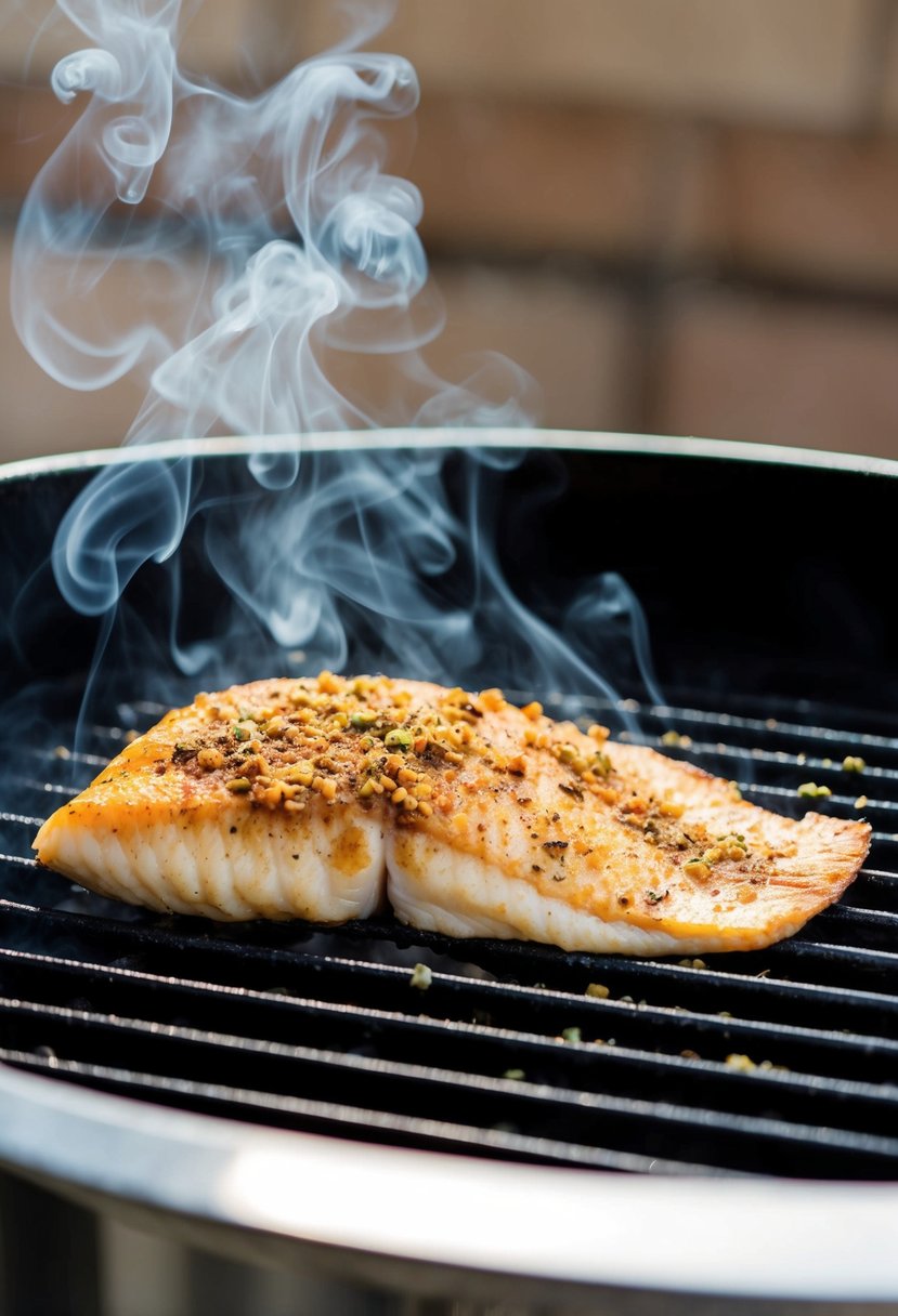 A tilapia fillet sizzling on a grill, sprinkled with a blend of cumin and paprika, surrounded by wisps of smoke