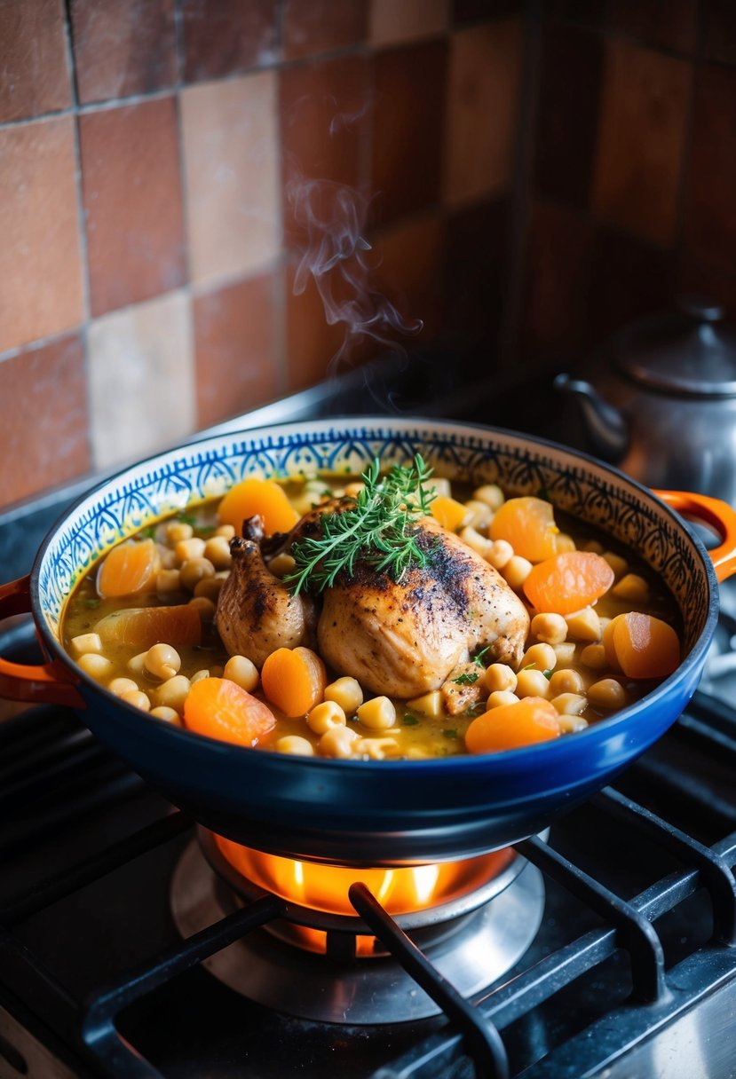 A colorful tajine pot filled with aromatic chicken, chickpeas, and dried apricots simmering over a low flame on a rustic stove