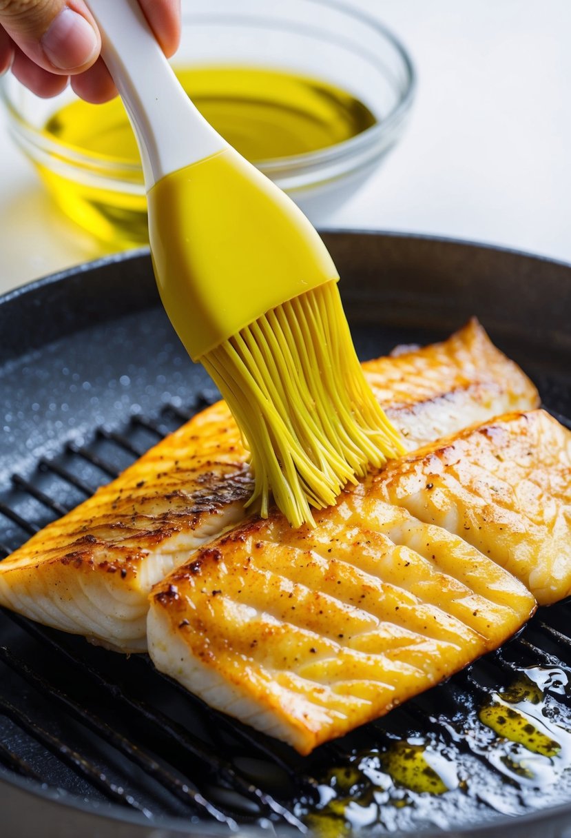 A tilapia fillet being brushed with olive oil before grilling