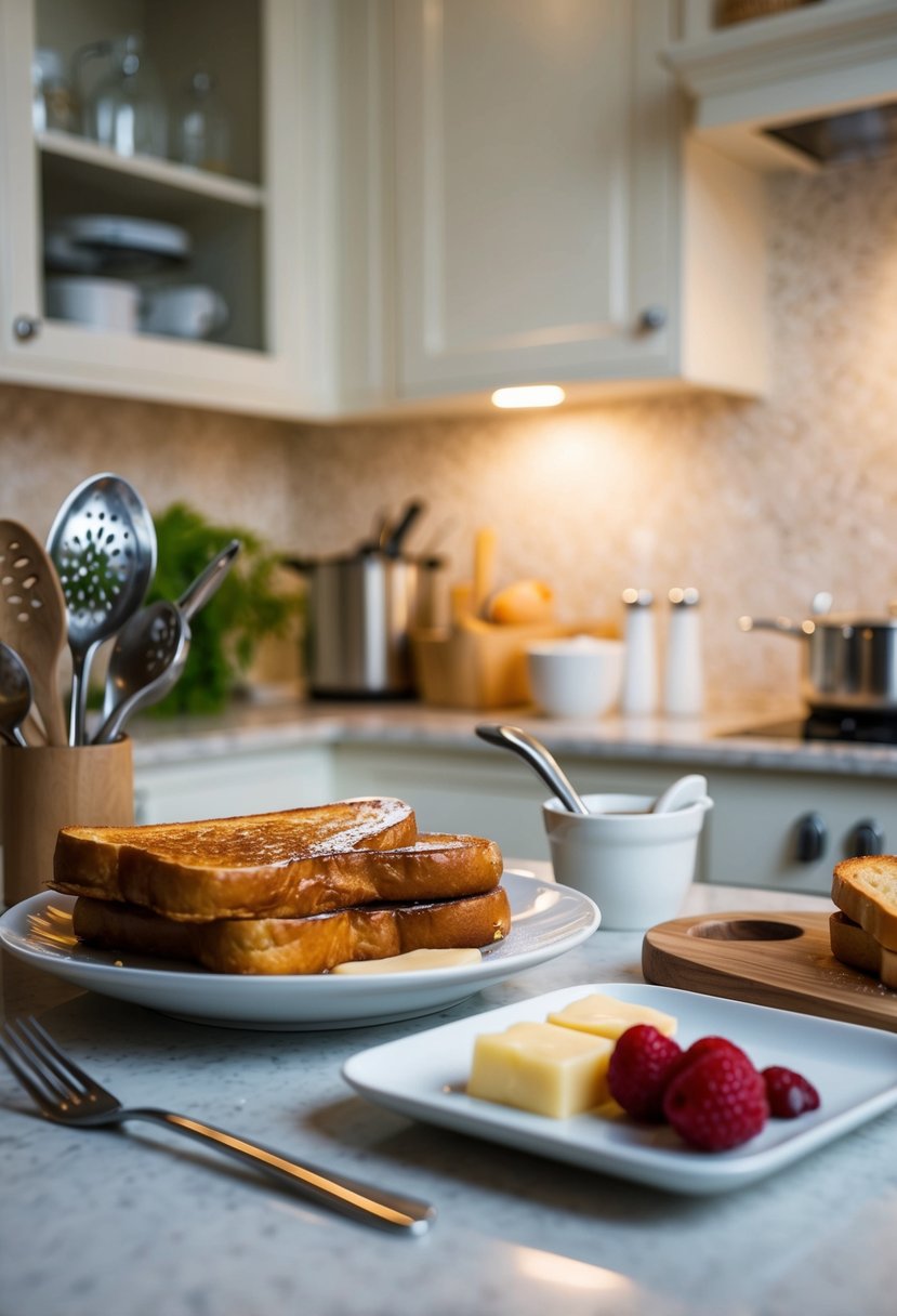 A kitchen counter with ingredients and utensils for making French toast