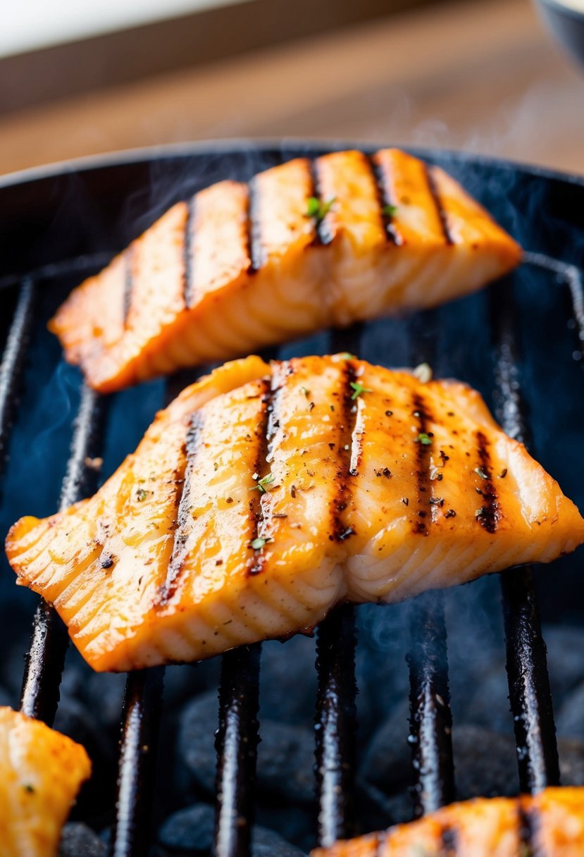 Tilapia fillets sizzling on a hot grill, skin side down, with grill marks forming on the surface