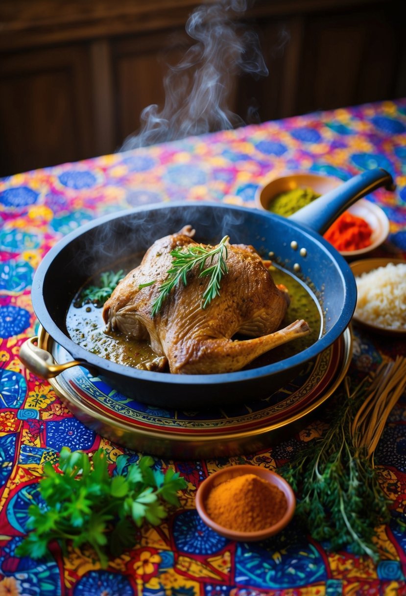 A steaming lamb tagine sits on a patterned tablecloth, surrounded by colorful Moroccan spices and herbs. The rich aroma fills the air