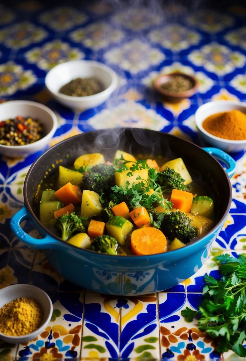 A steaming vegetable tagine sits on a patterned Moroccan tile, surrounded by vibrant spices and herbs