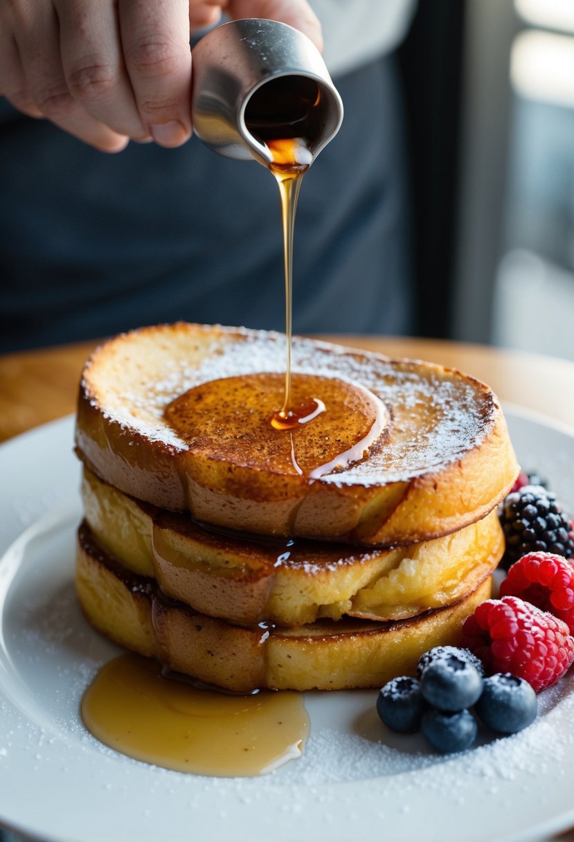 A plate of golden brown French toast topped with a sprinkle of cinnamon and a drizzle of syrup, accompanied by a side of fresh berries and a dusting of powdered sugar