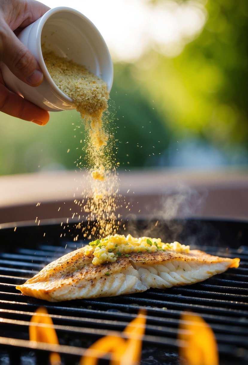 A sprinkle of garlic powder falls onto a sizzling tilapia fillet on a hot grill