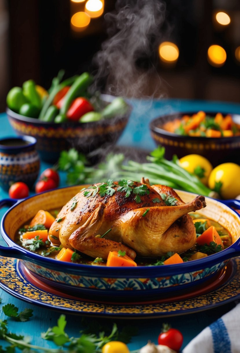 A steaming Moroccan Chicken Tagine sits on a colorful ceramic platter, surrounded by vibrant vegetables and sprinkled with fragrant herbs