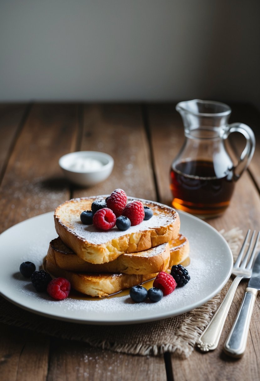 A rustic kitchen table set with a plate of golden-brown sourdough French toast topped with powdered sugar and fresh berries, accompanied by a pitcher of maple syrup