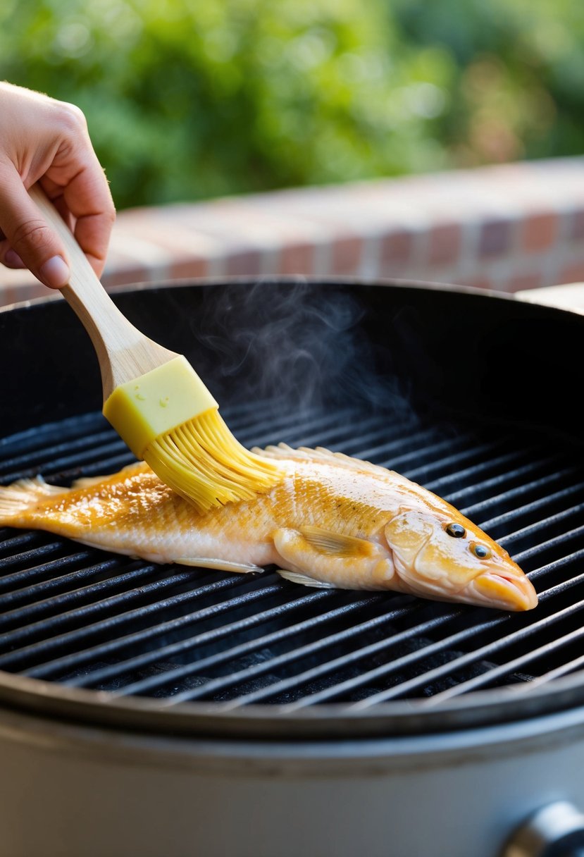 A tilapia fillet being brushed with oil on both sides before being placed on a grill