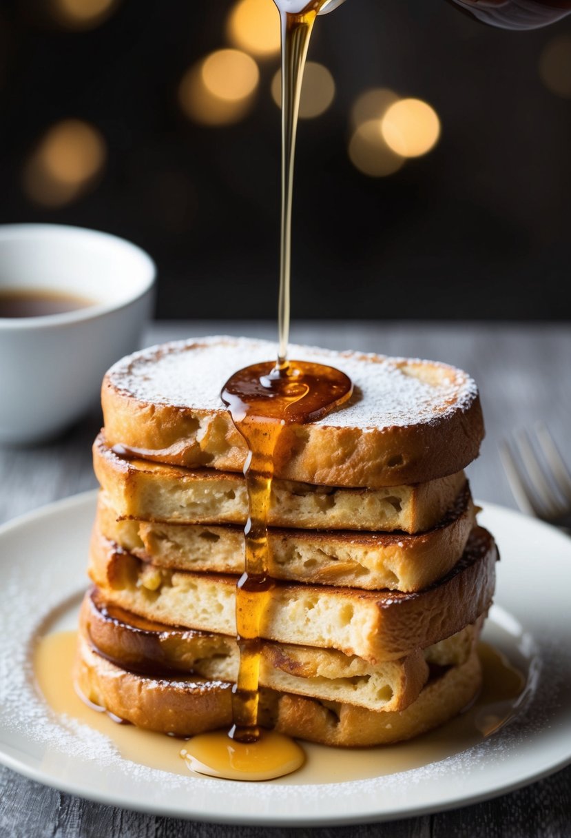 A stack of vanilla and nutmeg infused French toast with a drizzle of syrup and a sprinkle of powdered sugar on a white plate