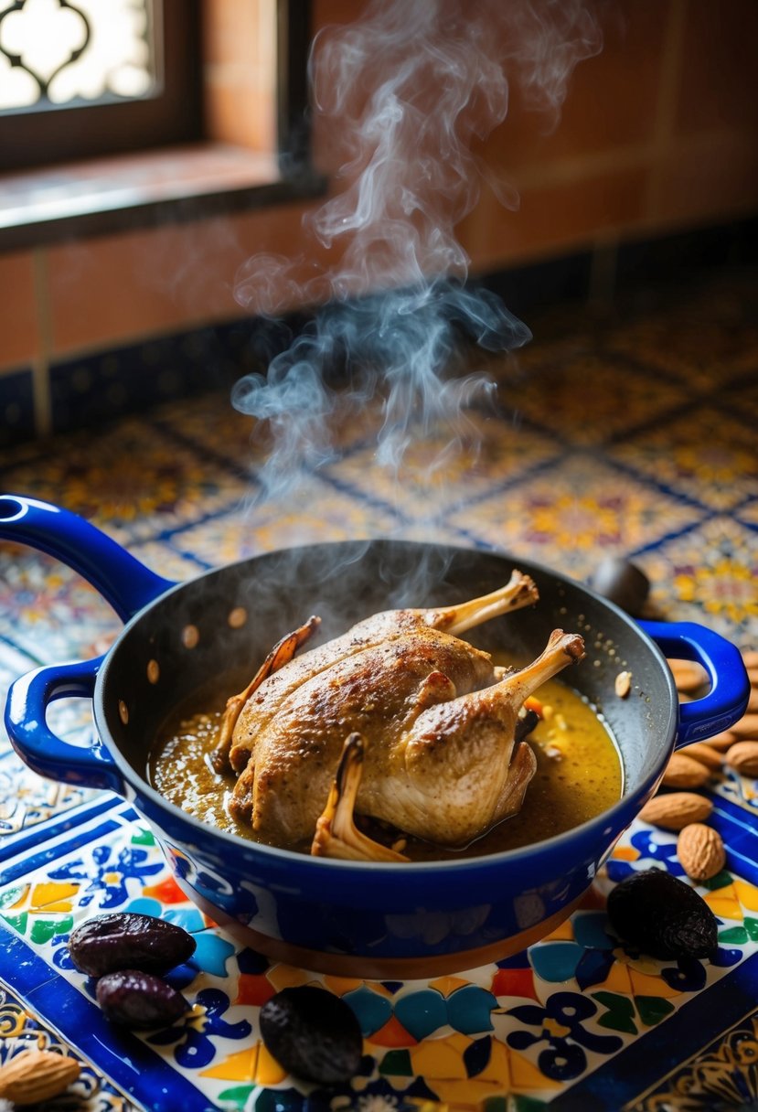 A steaming lamb tagine sits on a colorful Moroccan tile, surrounded by vibrant spices, prunes, and almonds