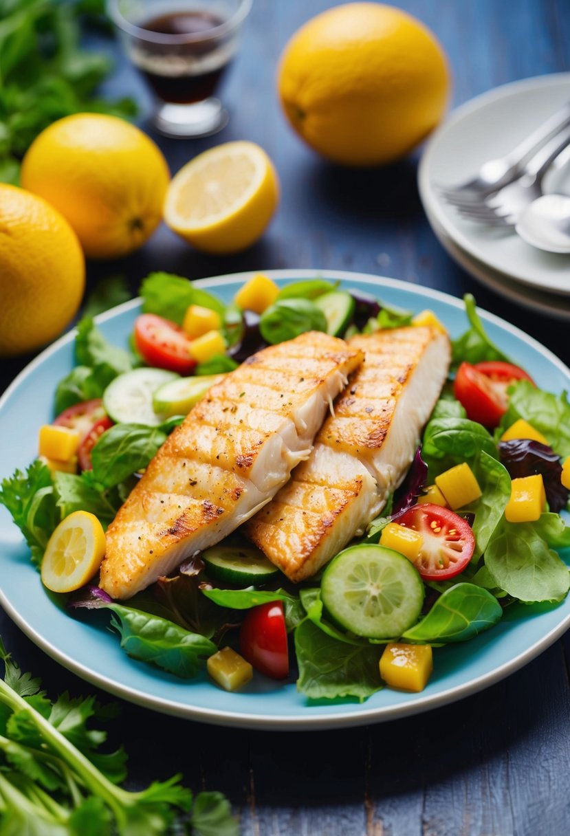 A colorful summer salad with grilled tilapia on a plate