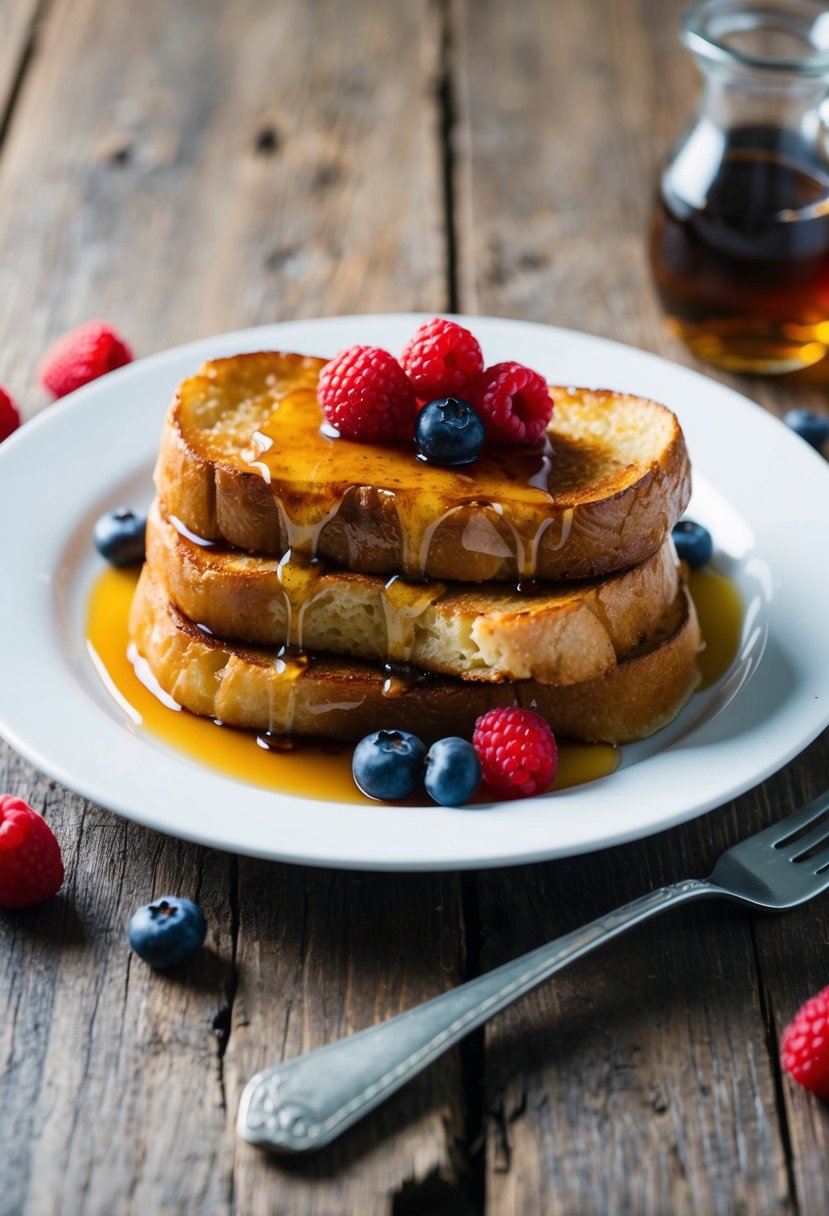 A plate of golden-brown almond French toast topped with fresh berries and drizzled with maple syrup on a rustic wooden table