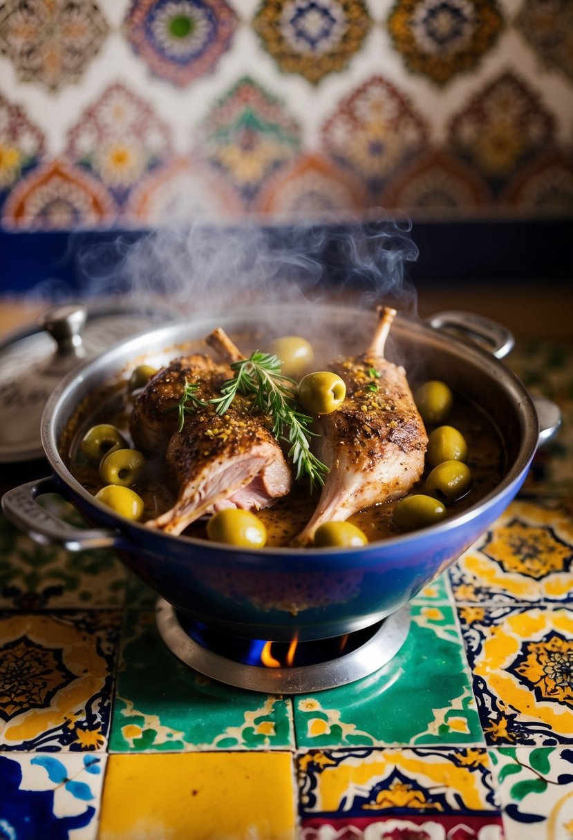 A steaming tagine pot filled with tender lamb, green olives, and aromatic spices, surrounded by colorful Moroccan tiles